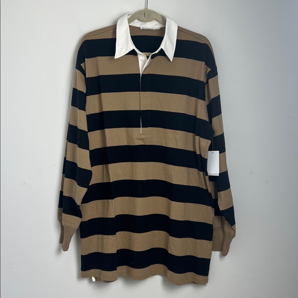 NEW Good American Medium Khaki And Black Rugby Stripe Jersey Polo Mini Dress - Picture 3 of 12